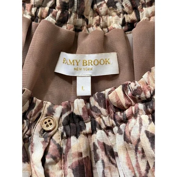 Ramy Brook Off-Shoulder Top Blouse Abstract Print Brown Cream Womens Size L - Picture 4 of 8
